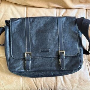 Cole Haan Black Leather Messenger Bag Flap + Buckle Straps, Organizer Pockets